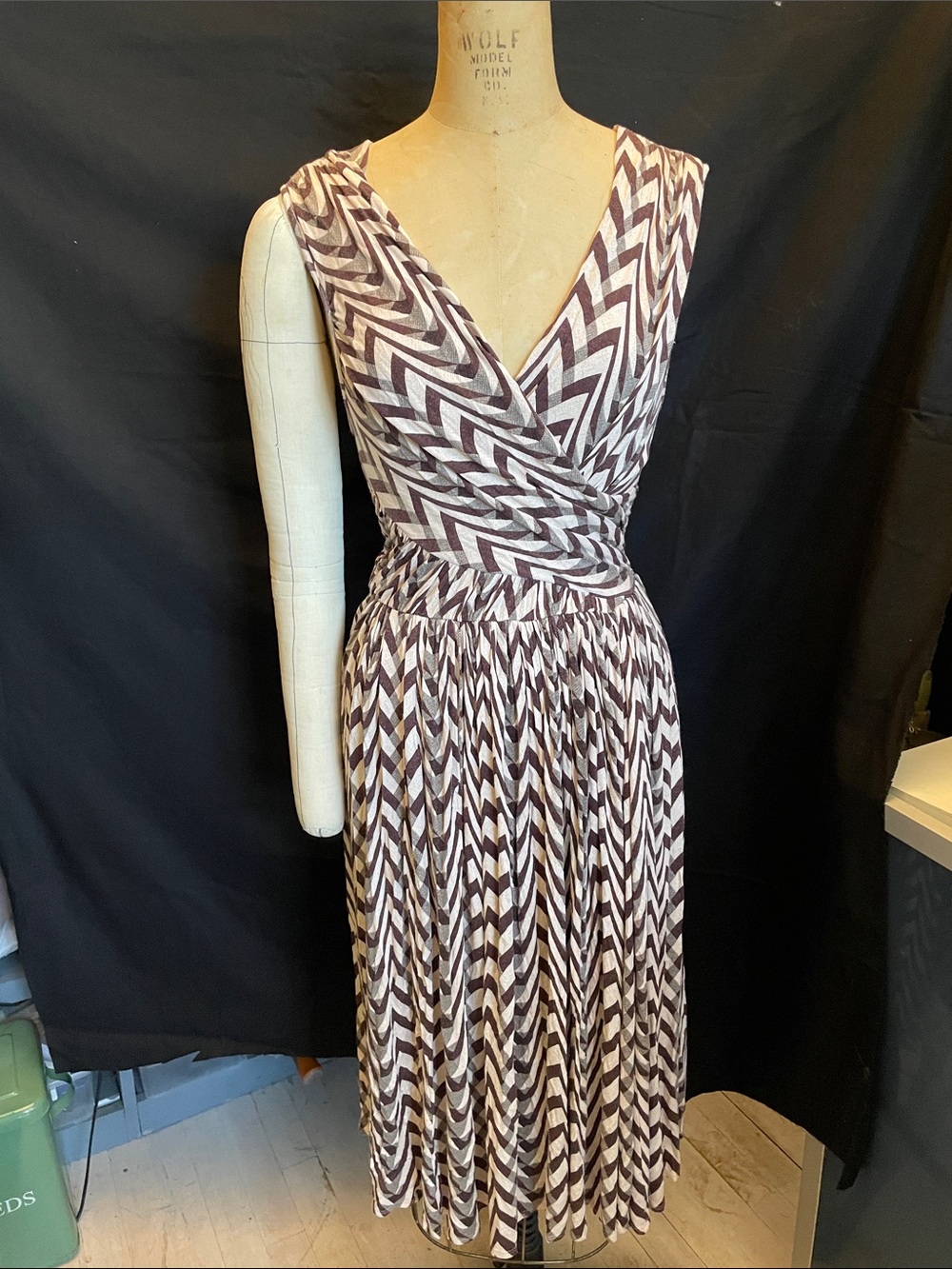 Plenty by Tracy Reese Brown and White Chevron Wrap Midi Dress